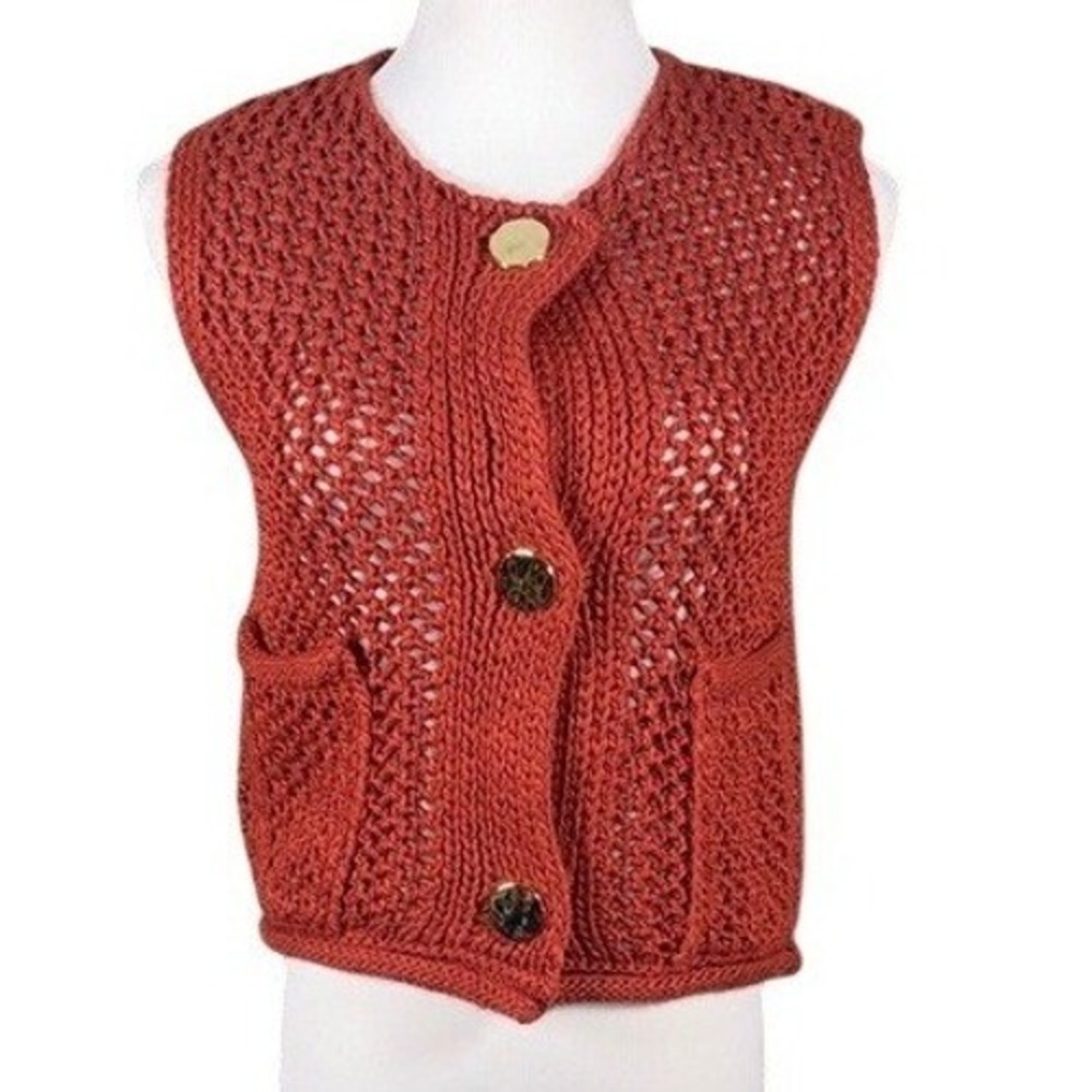 Vigoss Vest Womens S Rust Open Knit Crochet‎ Gold Button Front NEW